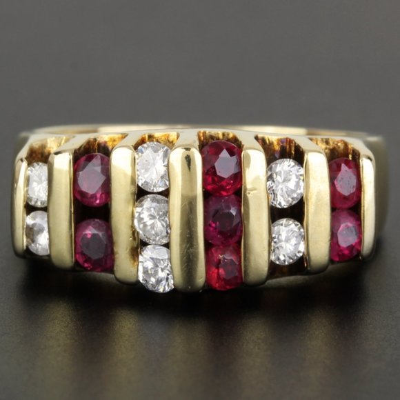Vintage 14K Yellow Gold Diamond & Ruby Wedding Anniversary Cocktail Band Ring - Picture 2 of 6